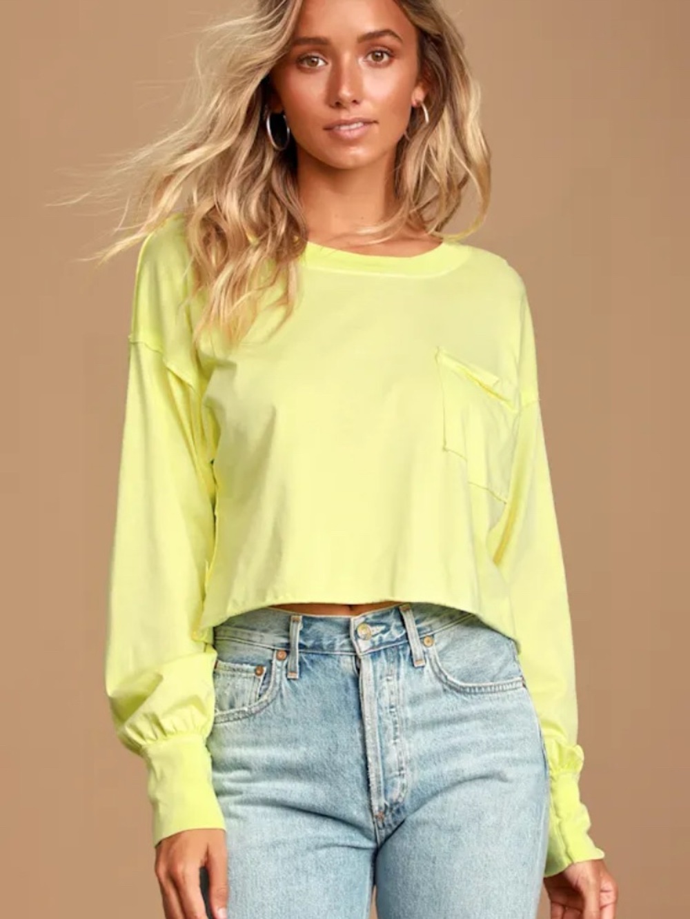 Free People "We The Free" Austin Washed Lime Green LS Crop Tee size S